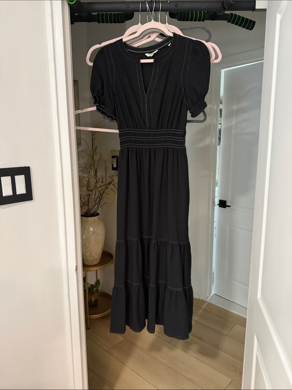 Max Studio Black Tiered Maxi Dress with Contrast Stitching